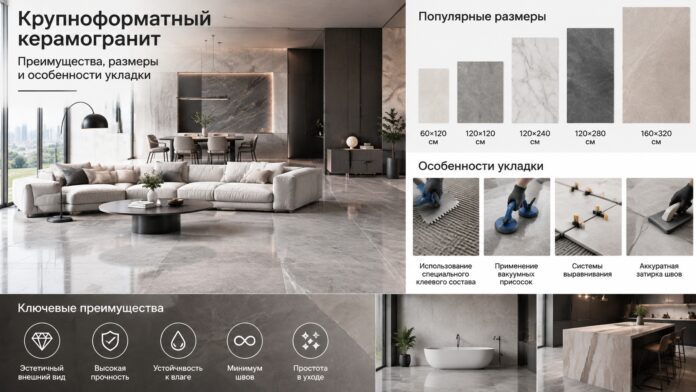 Крупноформатный керамогранит: преимущества, размеры и особенности укладки